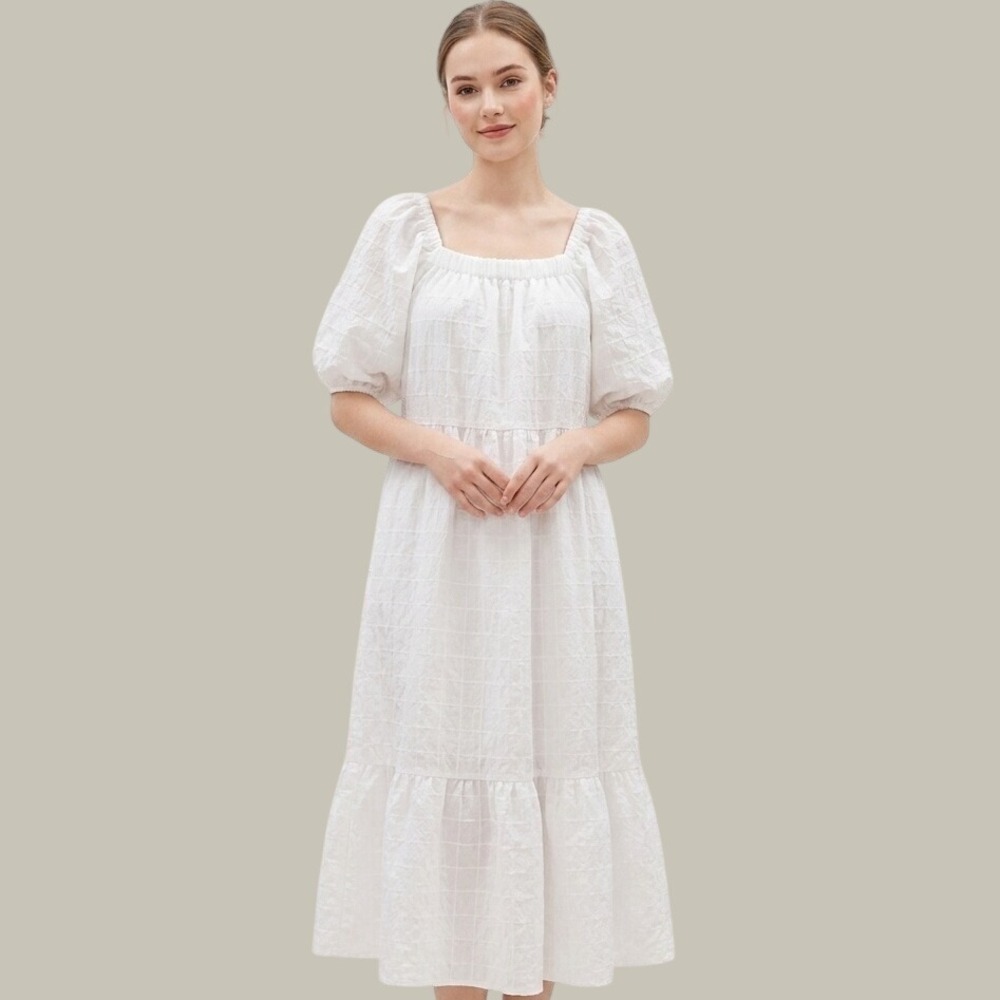 F&F Midi Dress Womens Size 6 White Puff Sleeve Tiered Textured Cottagecore Boho